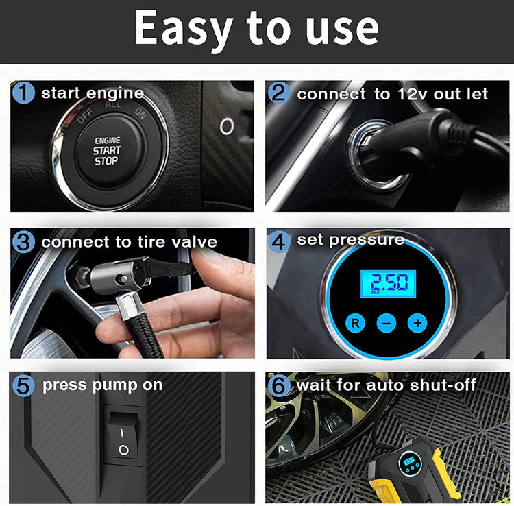 , Black/Yellow 12 V 150 PSI Portable Tire Inflator Air Compressor Pump