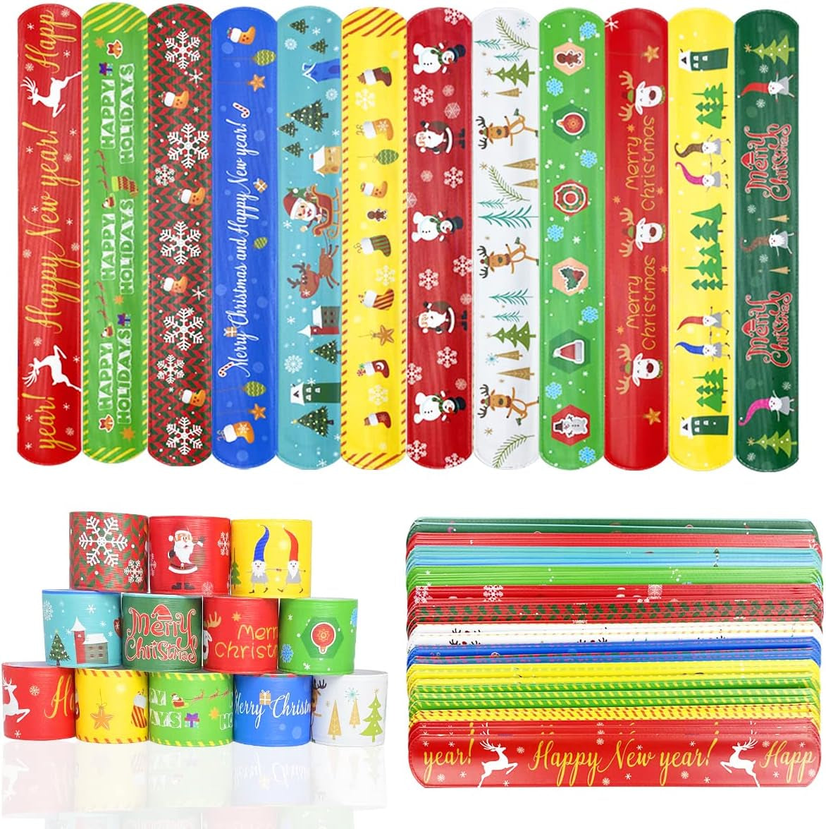 48 PCS Christmas Slap Bracelets Toys for Kids Boys Girls Toddlers Christmas Party Favors Stocking Stuffers Gifts