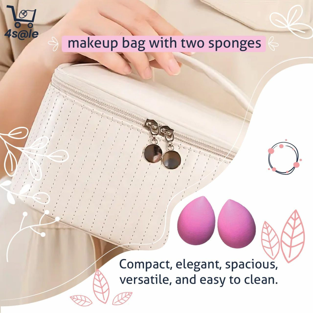 Makeup Bag Organizer – 2-In-1 Cosmetic Bag with 2 Makeup Sponges Portable Travel Toiletry Case for Women with Zipper & Handle – Large Capacity Beauty Storage