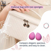 Makeup Bag Organizer – 2-In-1 Cosmetic Bag with 2 Makeup Sponges Portable Travel Toiletry Case for Women with Zipper & Handle – Large Capacity Beauty Storage