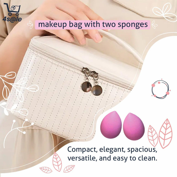 Makeup Bag Organizer – 2-In-1 Cosmetic Bag with 2 Makeup Sponges Portable Travel Toiletry Case for Women with Zipper & Handle – Large Capacity Beauty Storage