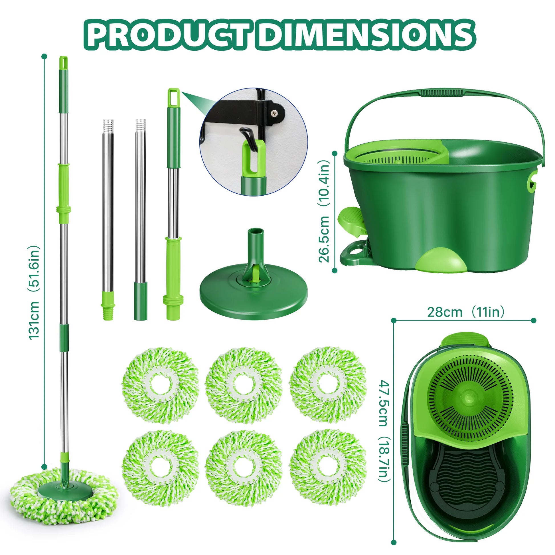 Spin Mop and Bucket System with Wringer Set for Floors Cleaning, 6 Refill Mop Pads