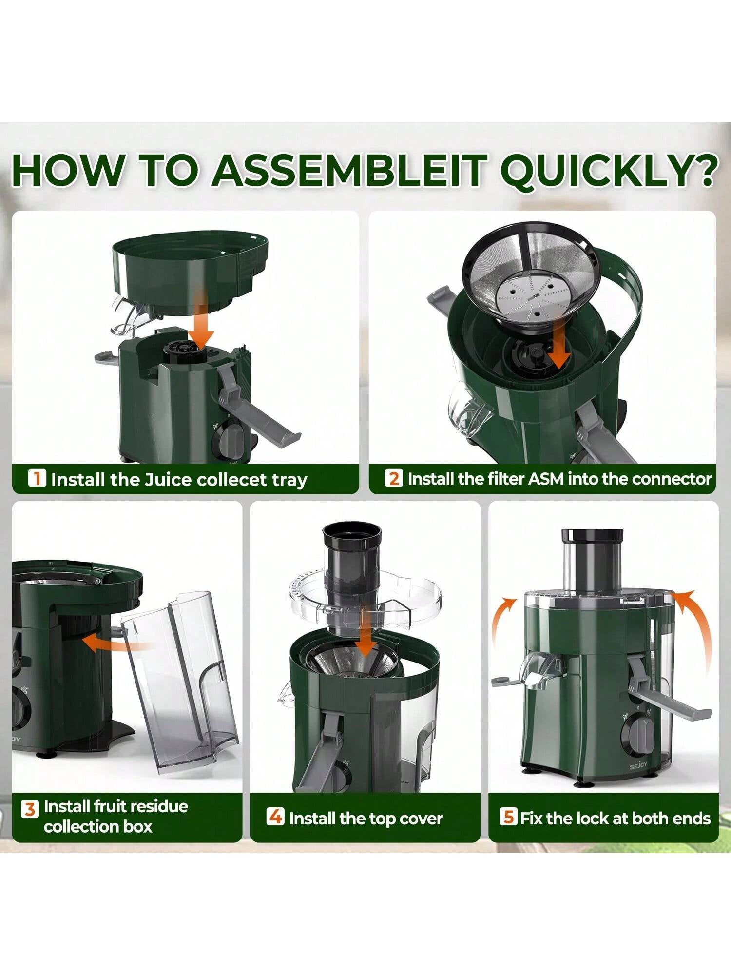 Sejoy Electric Juicer, Large-Diameter Centrifugal High-Speed Juicer, 2 Speed Modes, Multiple Safety Functions, Suitable for Fruits and Vegetables, Easy to Clean, Easy to Operate