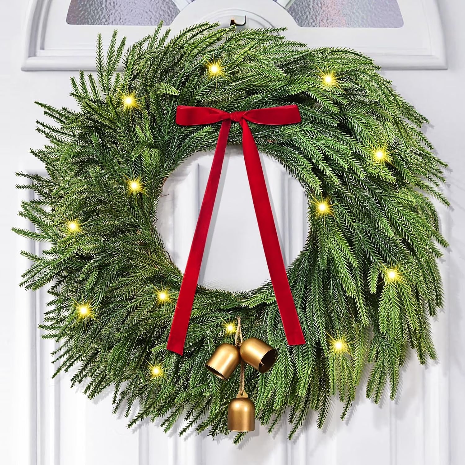 Norfolk Christmas Wreath with Lights,24 Inch Pre-Lit Artificial Holiday Wreath with Bow & Bells, Battery Operated, Front Door Christmas Decorations Indoor Outdoor