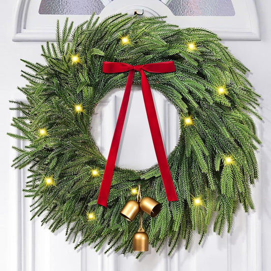Norfolk Christmas Wreath with Lights,24 Inch Pre-Lit Artificial Holiday Wreath with Bow & Bells, Battery Operated, Front Door Christmas Decorations Indoor Outdoor