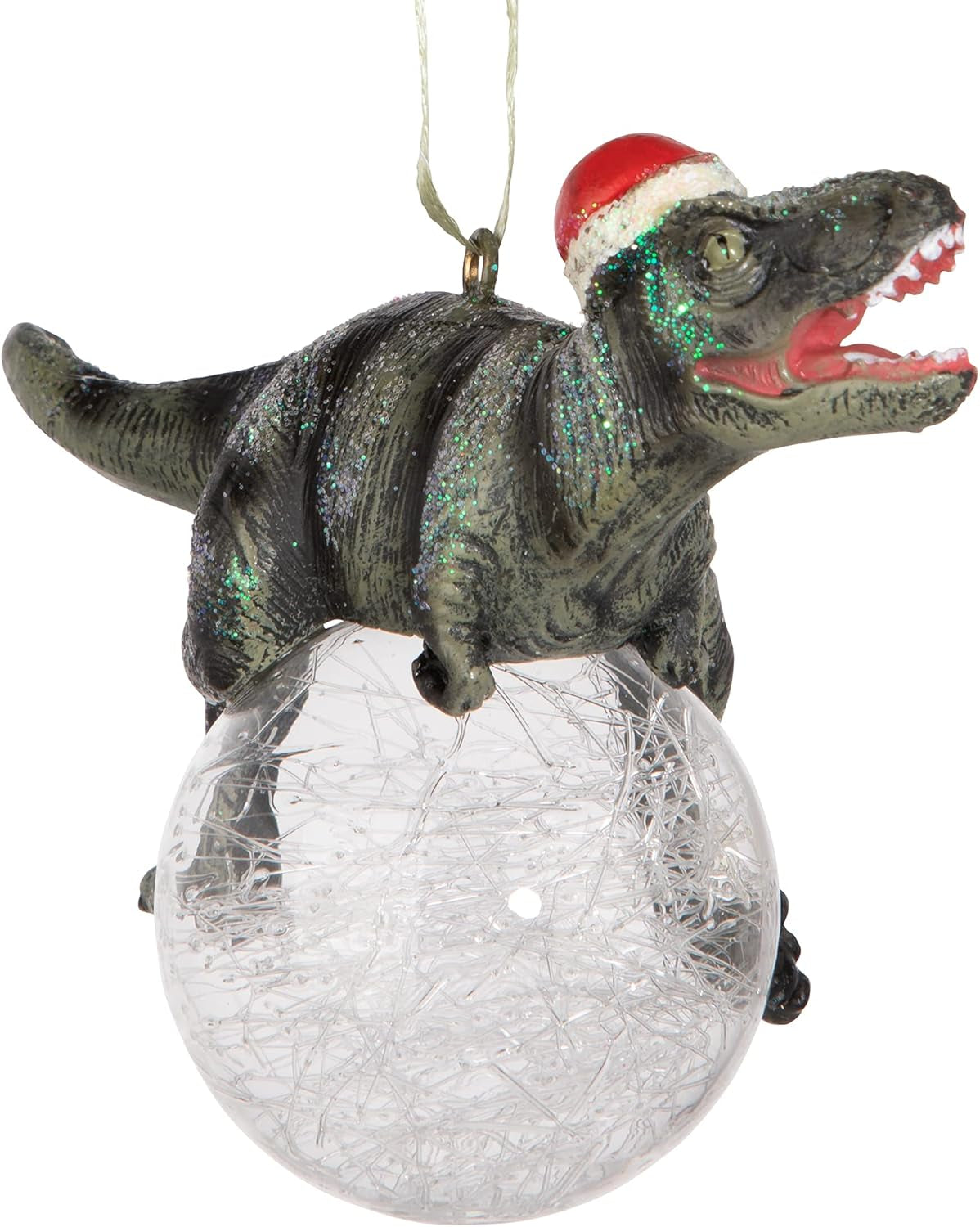 Blitzer the T Rex Dinosaur Christmas Tree Ornament, 5 Inch Long, Cast Stone Resin with Glass Ball, Green Glitter Finish