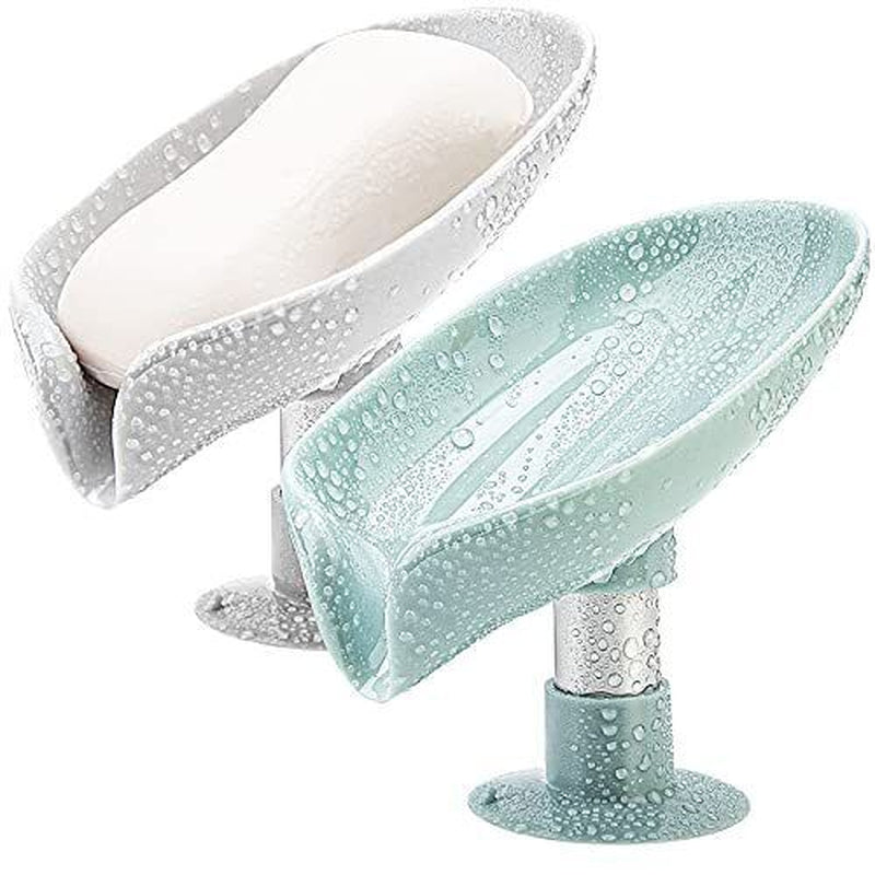 2Pcs Soap Dishes Holder Self Draining Leaf Shape Box Saver Suction Cup Bathroom