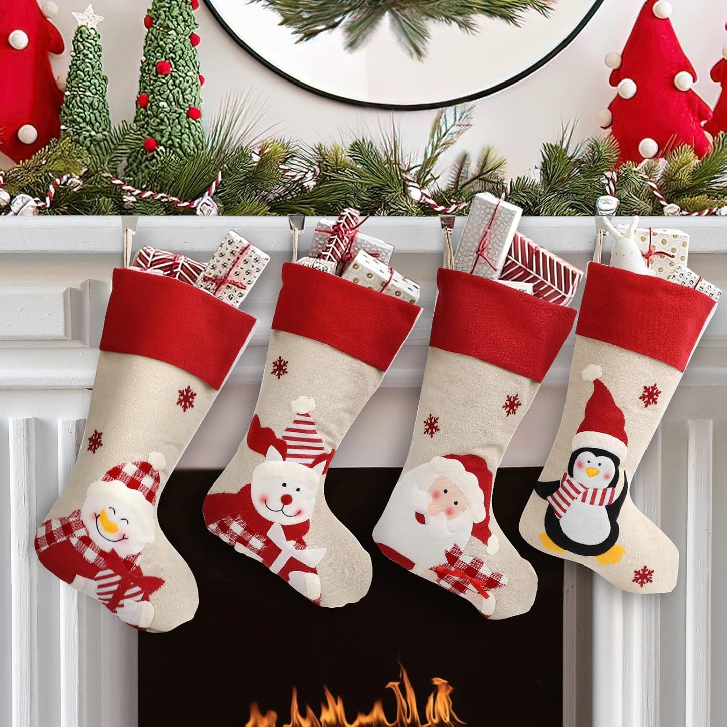 Christmas Stockings 4 Pack, 18'' Large Xmas Stockings for Christmas Decoration, Santa Snowman Ornaments, Rustic Classic DIY Craft Gifts Decor for Family Holiday Party Home Christmas Eve
