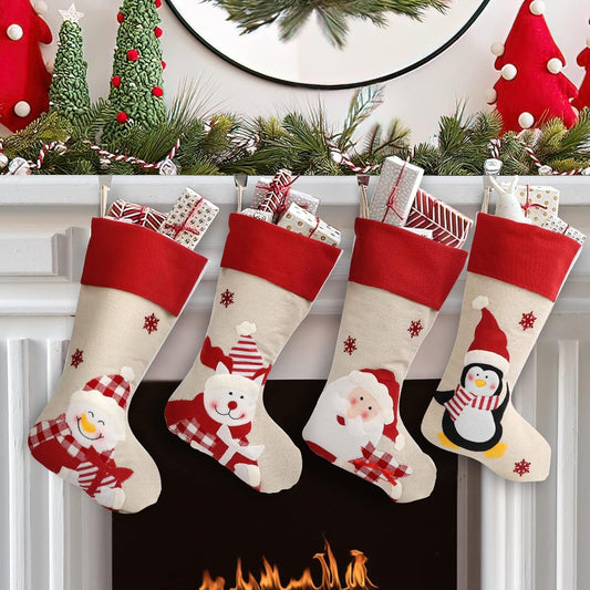 Christmas Stockings 4 Pack, 18'' Large Xmas Stockings for Christmas Decoration, Santa Snowman Ornaments, Rustic Classic DIY Craft Gifts Decor for Family Holiday Party Home Christmas Eve