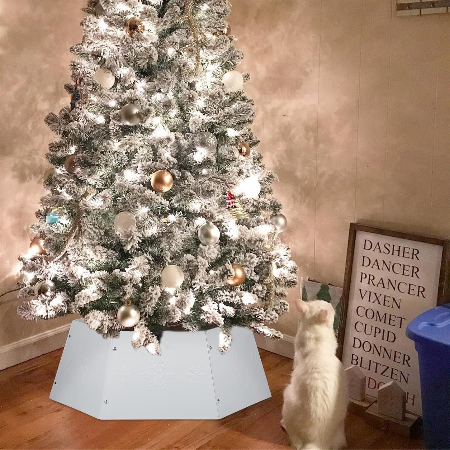 Metal Christmas Tree Ring, Christmas Tree Collar with Printed Snowflake, Willow Tree Skirt Base Stand for Christmas Tree Decorations (Cream White)