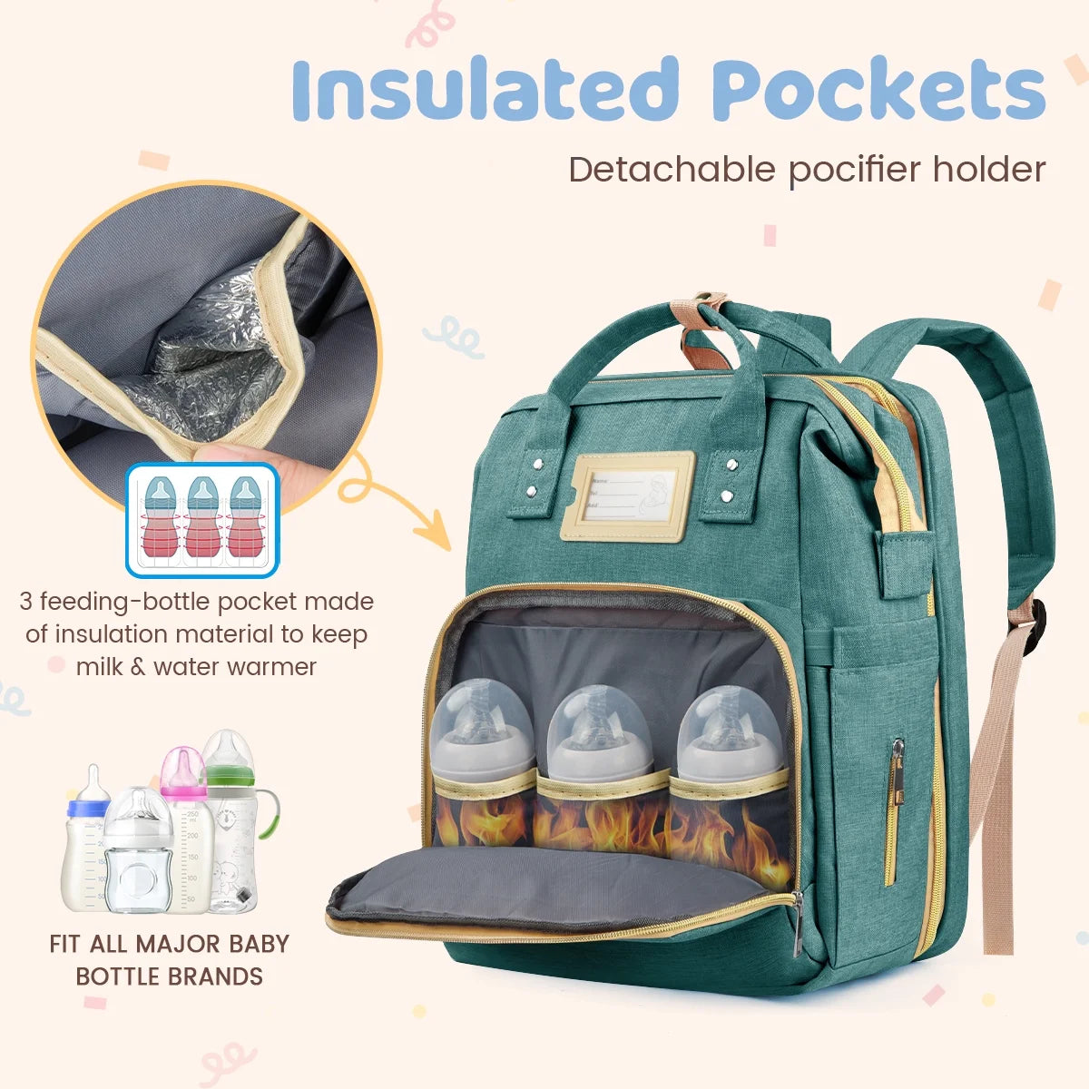 Multifunctional Diaper Bag Backpack with Changing Station & Insulated Pockets, Green