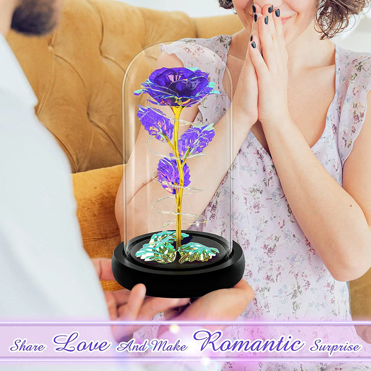 Purple Colorful Artificial Flower Rose Gift, Light up Rose Flowers Gift, Rose Flower in Glass Dome, Women Gifts Idea for Thanksgiving,Birthday, Anniversary on Any Occasion