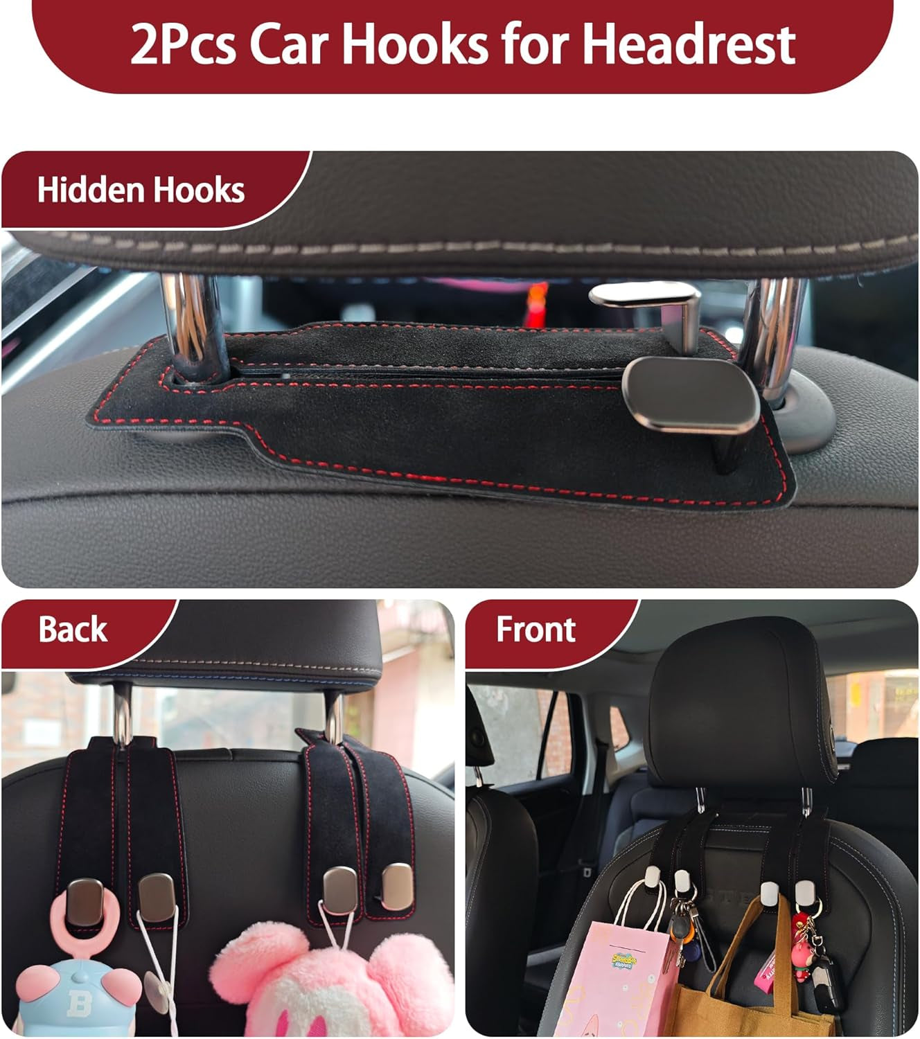 2 in 1 Car Seat Back Storage Hook and Headrest Hooks for Car,2Pcs Purse Hook for Car,Bendable Universal Double Hooks with Phone Holder,Car Hooks for Purses and Bags and Shopping Bags(Black)