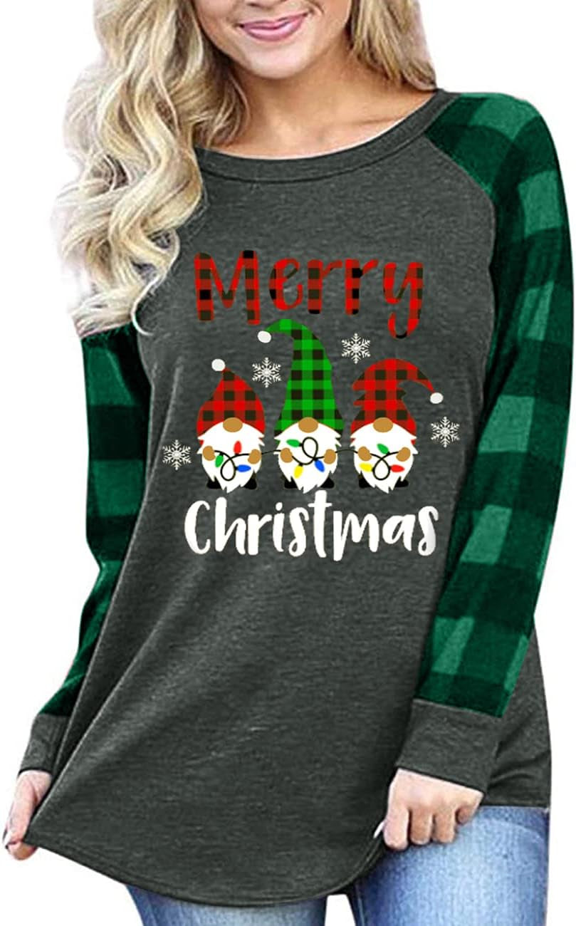 Merry Christmas Shirts for Women Gnomes T-Shirt Lights Plaid Splicing Raglan Long Sleeve Tee Xmas Holiday Pullover Top