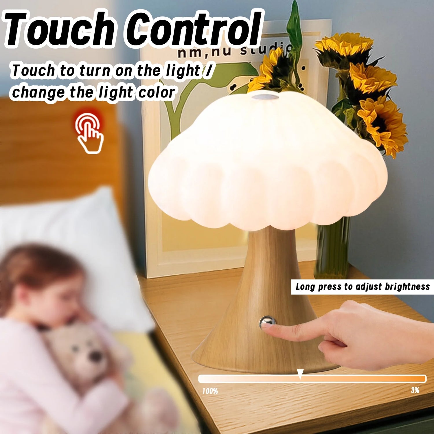 Wooden Mushroom Lamp, Mushroom Bedside Table Light, 3 Colors Adjustable LED Small Night Light