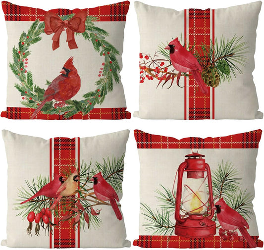 Christmas Pillow Covers Set of 4 Christmas Cardinal Red Buffalo Check Farmhouse Throw Pillowcase Party Decorations Winter Home Decor Case for Sofa Couch