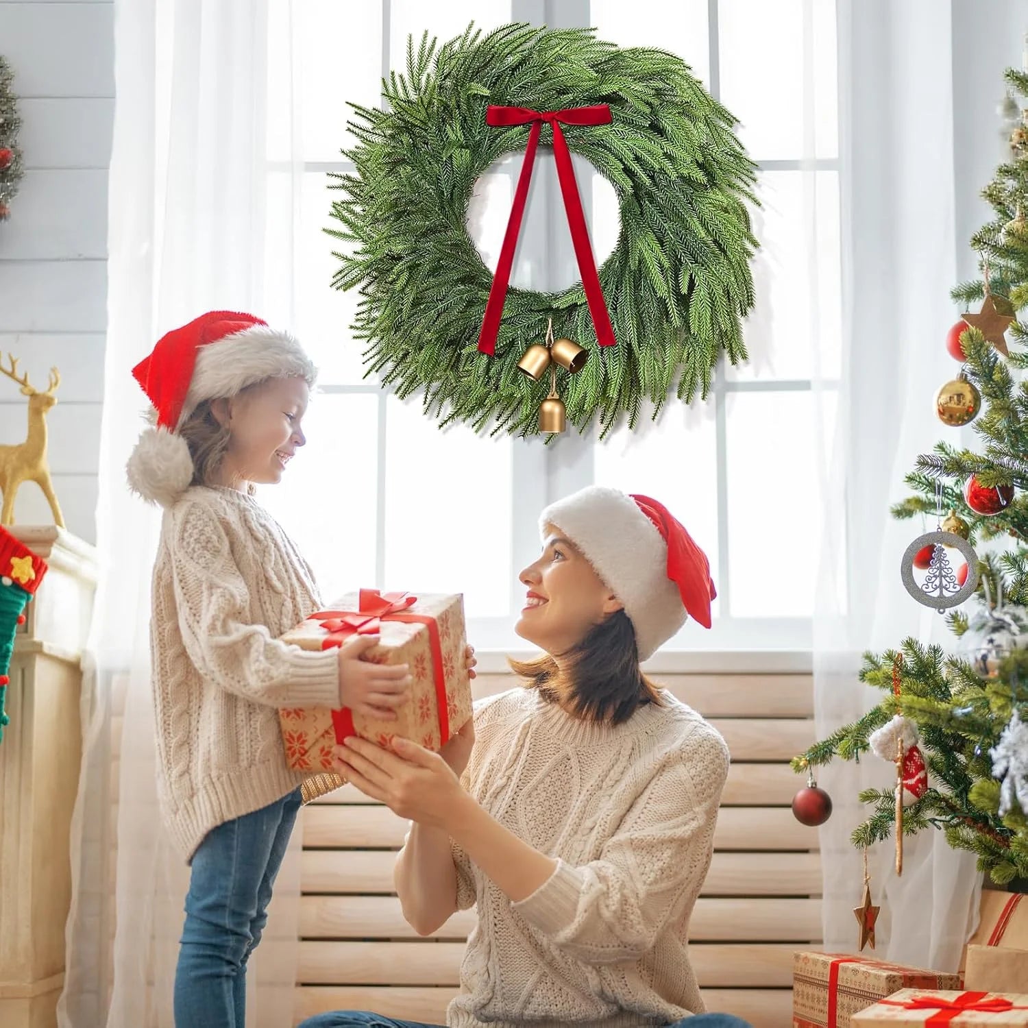 Norfolk Christmas Wreath with Lights,24 Inch Pre-Lit Artificial Holiday Wreath with Bow & Bells, Battery Operated, Front Door Christmas Decorations Indoor Outdoor