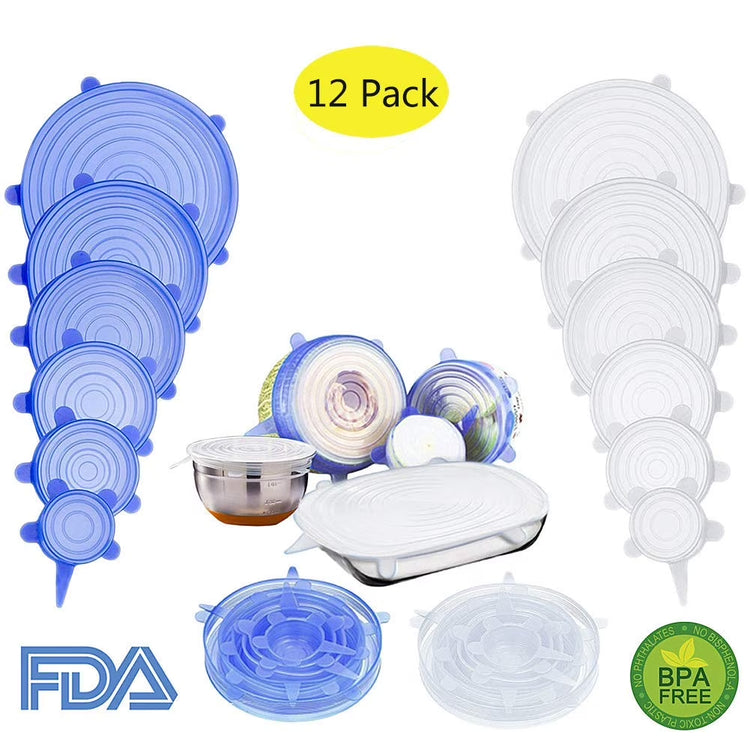 12 Pcs Silicone Stretch Lids, Reusable Durable and Expandable Lids, Keeping Food Fresh, Durable and Stretchable to Fit Various Sizes and Shapes of Containers, Microwave and Dishwasher Safe 6 Sizes