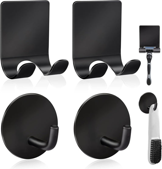 Razor Holder 304 Stainless Steel for Shower + Adhesive Sticky Heavy Duty Waterproof Wall Hooks, Premium for Hanging Towels, Coat, Hat (2+2 Pack) - Black