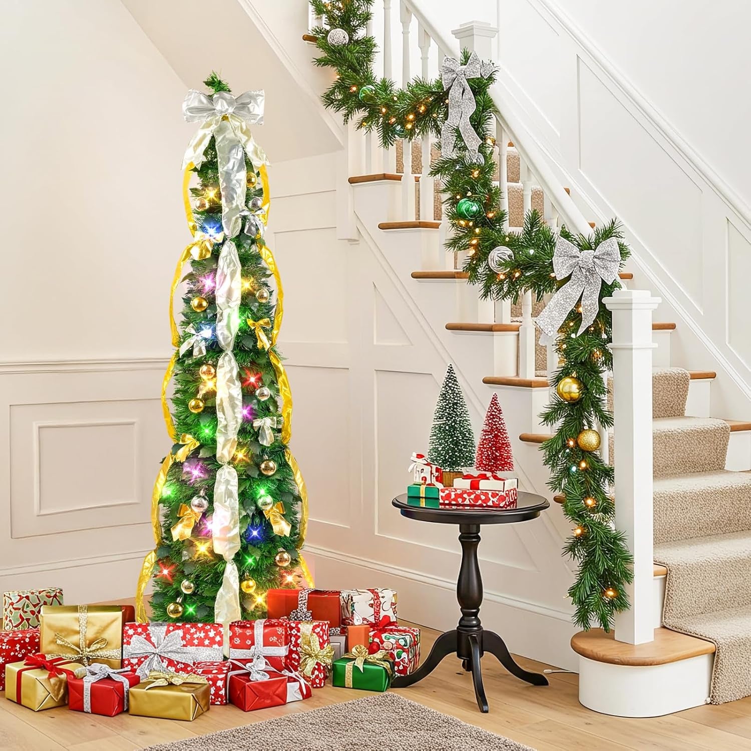 Pop up Christmas Tree Decorations Artificial Collapsible Tree with Lights 8Modes&Timer Predecorated Pencil Tinsel Tree for Home Apartment Office Indoor Outdoor Party Xmas Décor, 3FT, Green