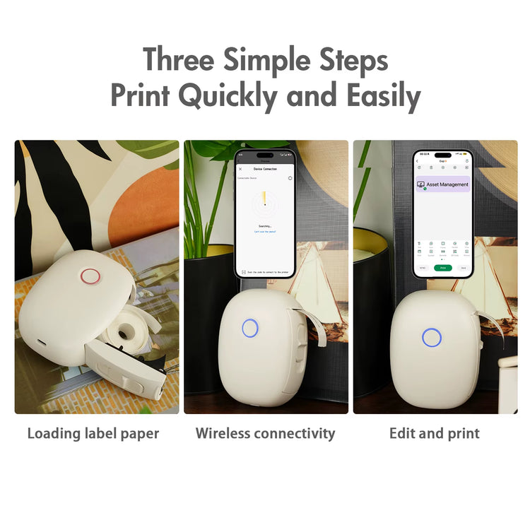Mini Portable Wireless Inkless Thermal Printer Bluetooth Pocket Label Maker Home Study with 1Roll Stickable Label Paper