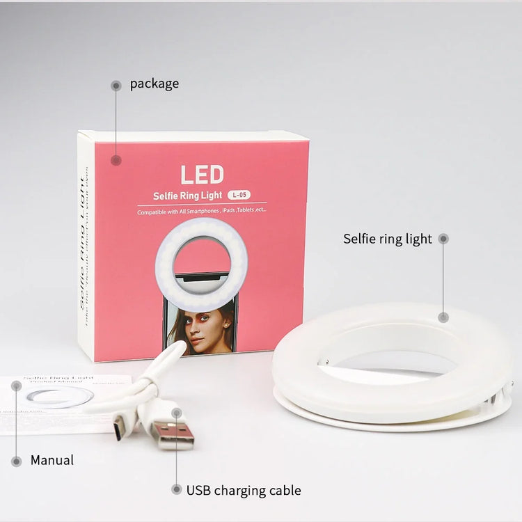 40 LED Selfie Ring USB Rechargeable Fill Light Mini Portable Clip-On Flash Light for Cell Phones Ipad Laptop