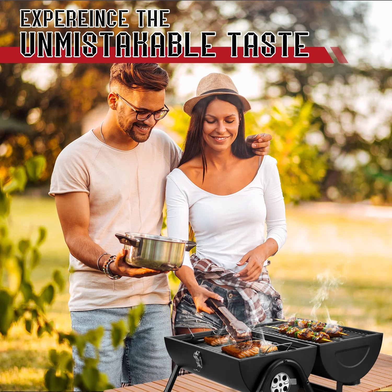 Portable Outdoor Tabletop Charcoal Grill, Multi-Functional Food-Safe Barbecue Smoker for Backyard Camping Picnics Beach, Compact & Heavy Duty