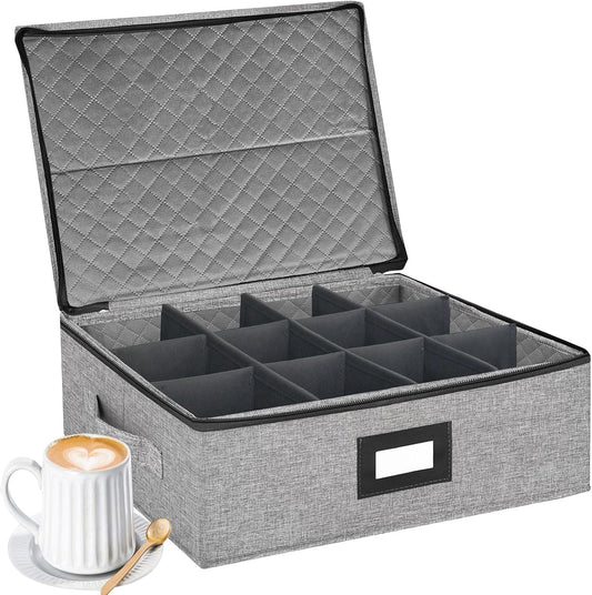 Coffee Mug Storage Box with Dividers, Durable China Storage Containers for Coffee Mugs, Tea Cups Storage Organizer with Lid, Handles, Label Window, Holds 12 Mugs, Hard Shell and Stackable (Grey)