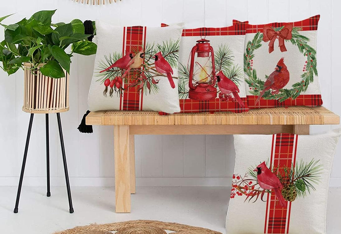 Christmas Pillow Covers Set of 4 Christmas Cardinal Red Buffalo Check Farmhouse Throw Pillowcase Party Decorations Winter Home Decor Case for Sofa Couch