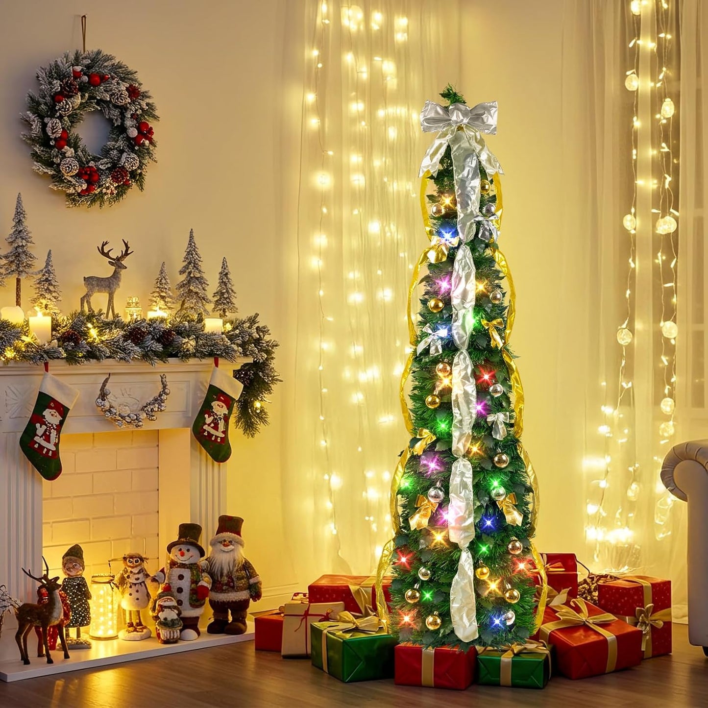 Pop up Christmas Tree Decorations Artificial Collapsible Tree with Lights 8Modes&Timer Predecorated Pencil Tinsel Tree for Home Apartment Office Indoor Outdoor Party Xmas Décor, 3FT, Green