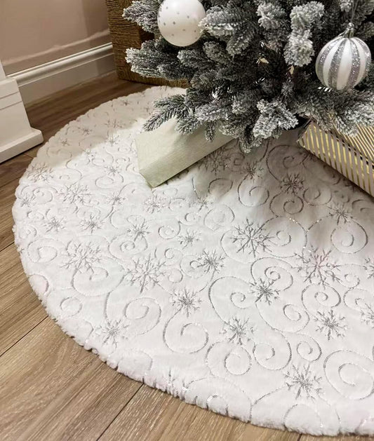 48 Inch Sequin Faux Fur Christmas Tree Skirt for Christmas Tree Decorations White Plush Silver Sequin Snowflake Tree Skirt