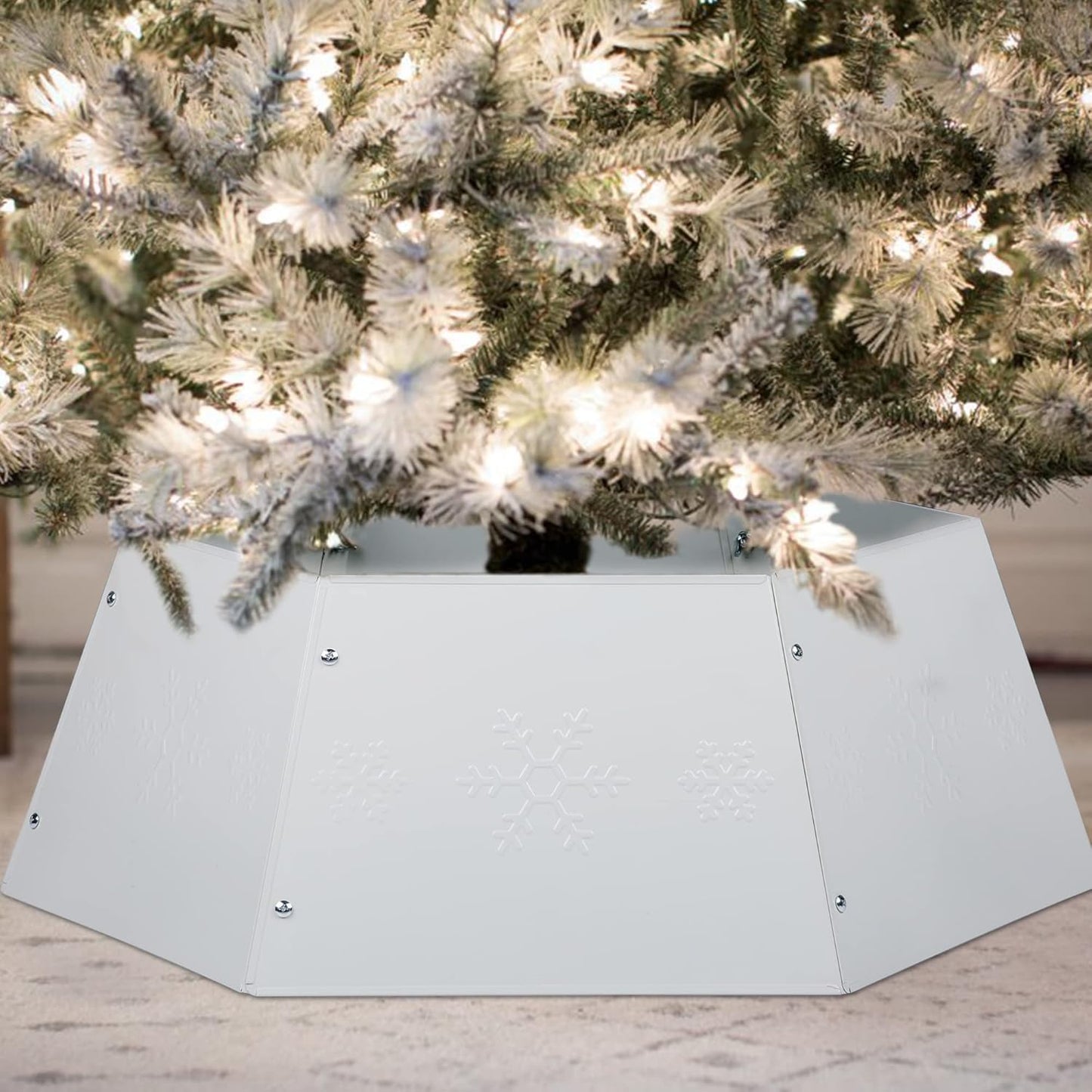 Metal Christmas Tree Ring, Christmas Tree Collar with Printed Snowflake, Willow Tree Skirt Base Stand for Christmas Tree Decorations (Cream White)