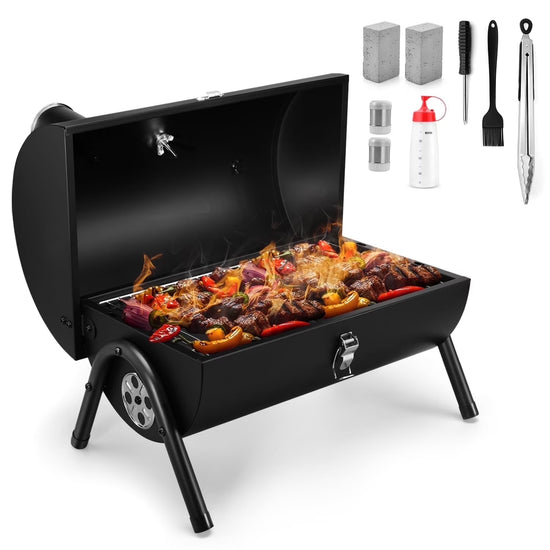 Portable Outdoor Tabletop Charcoal Grill with Accessories Tools, Multi-Functional Barbecue Smoker for Backyard Camping Picnics Beach, Compact & Heavy Duty
