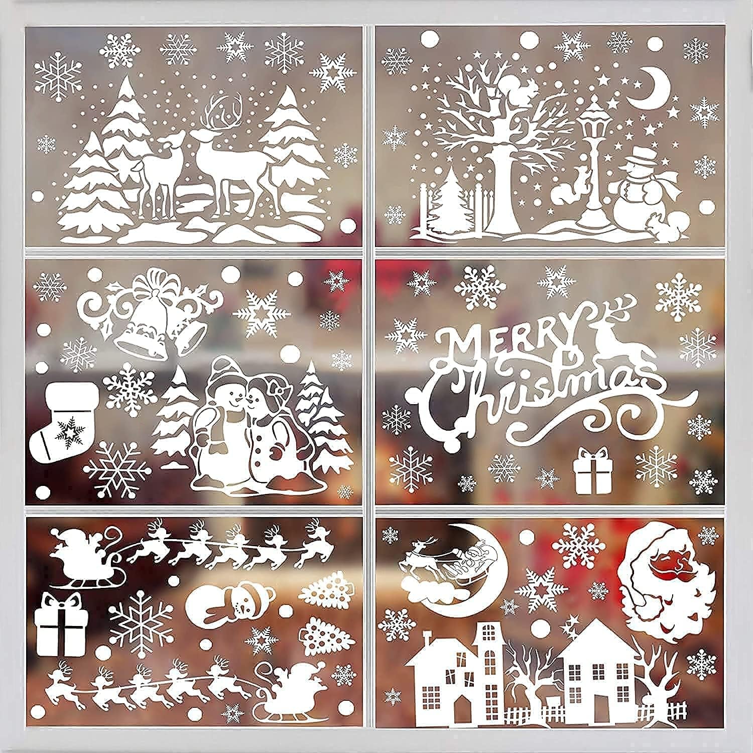 Xmas Window Clings Decoration, 141 Static Snow Flakes Stickers Merry Christmas Window Decals for Christmas Party Supplies (8 Sheets)
