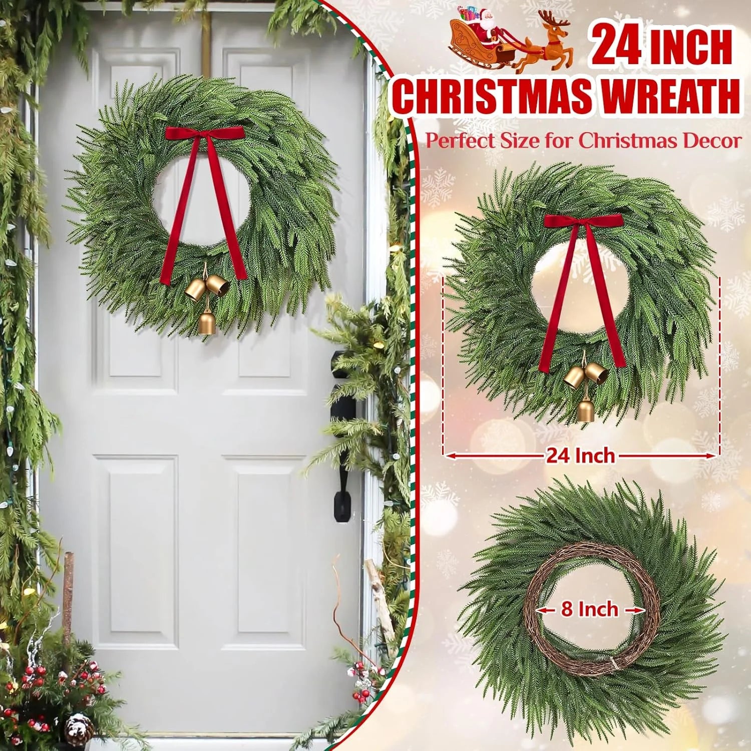 Norfolk Christmas Wreath with Lights,24 Inch Pre-Lit Artificial Holiday Wreath with Bow & Bells, Battery Operated, Front Door Christmas Decorations Indoor Outdoor