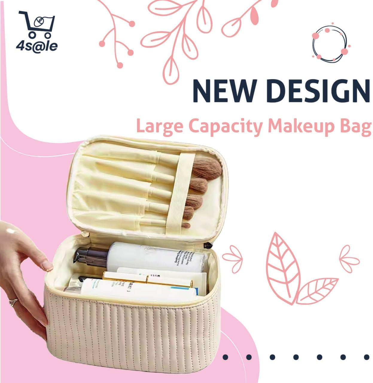 Makeup Bag Organizer – 2-In-1 Cosmetic Bag with 2 Makeup Sponges Portable Travel Toiletry Case for Women with Zipper & Handle – Large Capacity Beauty Storage