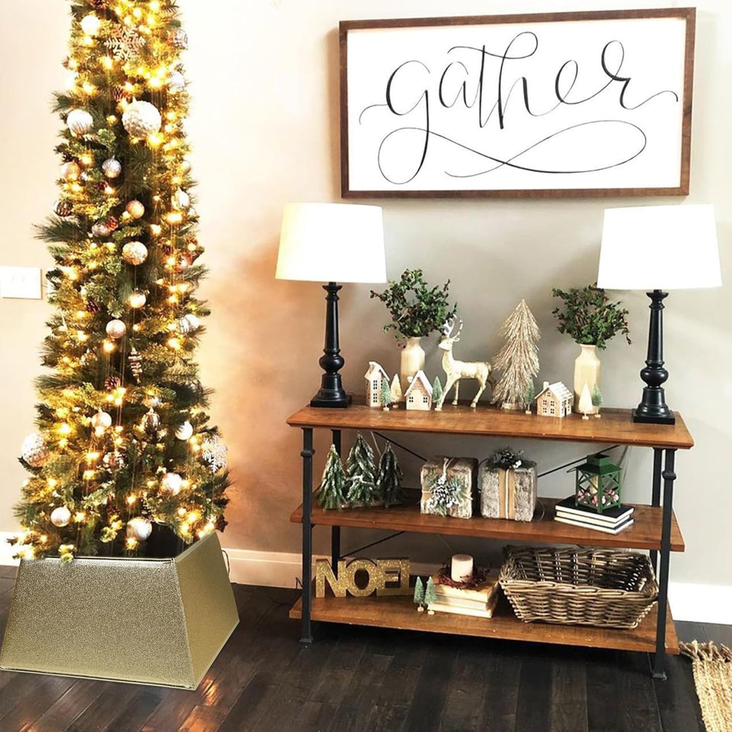 Fabric Christmas Tree Collar, Square Christmas Tree Ring, Glittering Willow Christmas Tree Skirt for Christmas Tree Decorations (Glitter Gold)