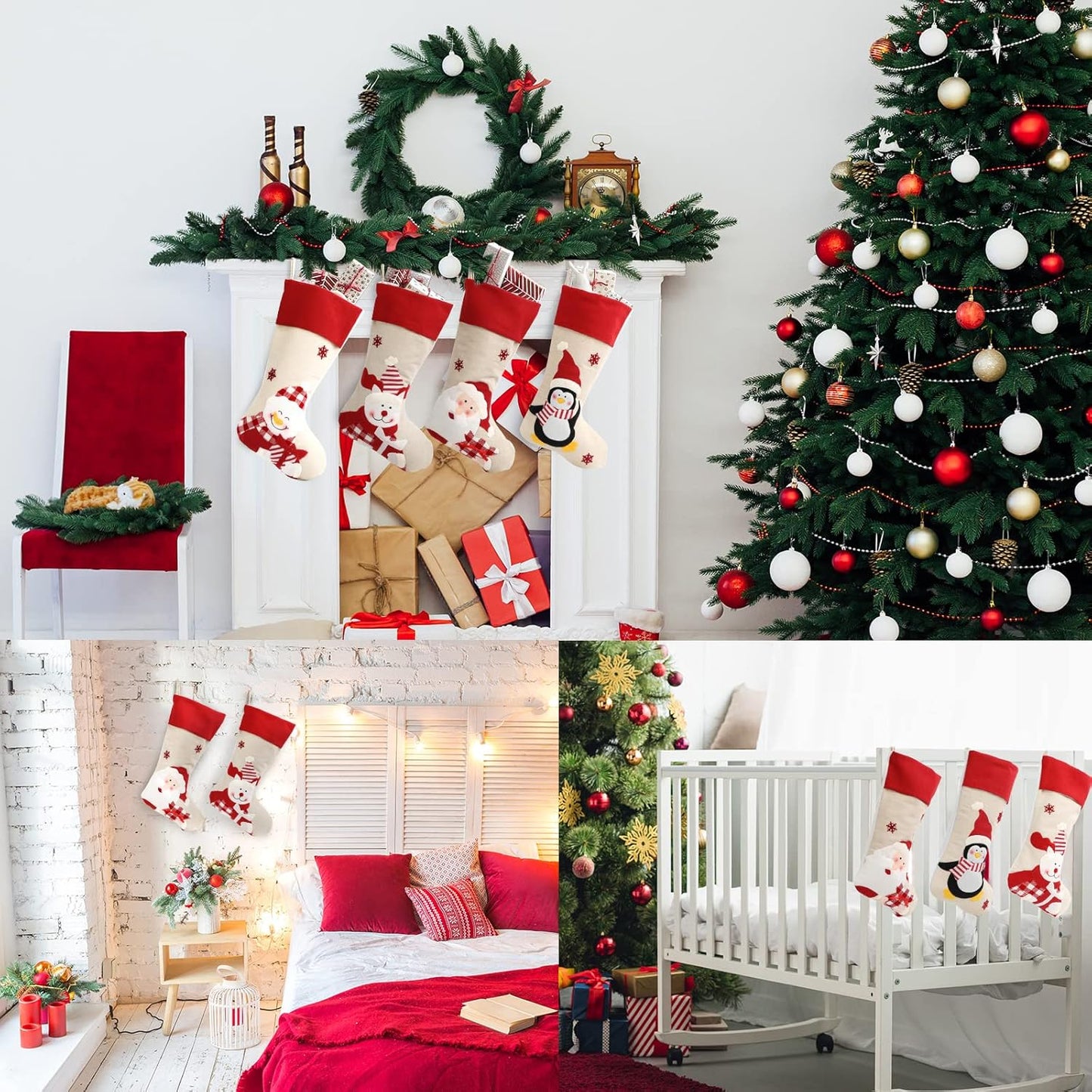 Christmas Stockings 4 Pack, 18'' Large Xmas Stockings for Christmas Decoration, Santa Snowman Ornaments, Rustic Classic DIY Craft Gifts Decor for Family Holiday Party Home Christmas Eve