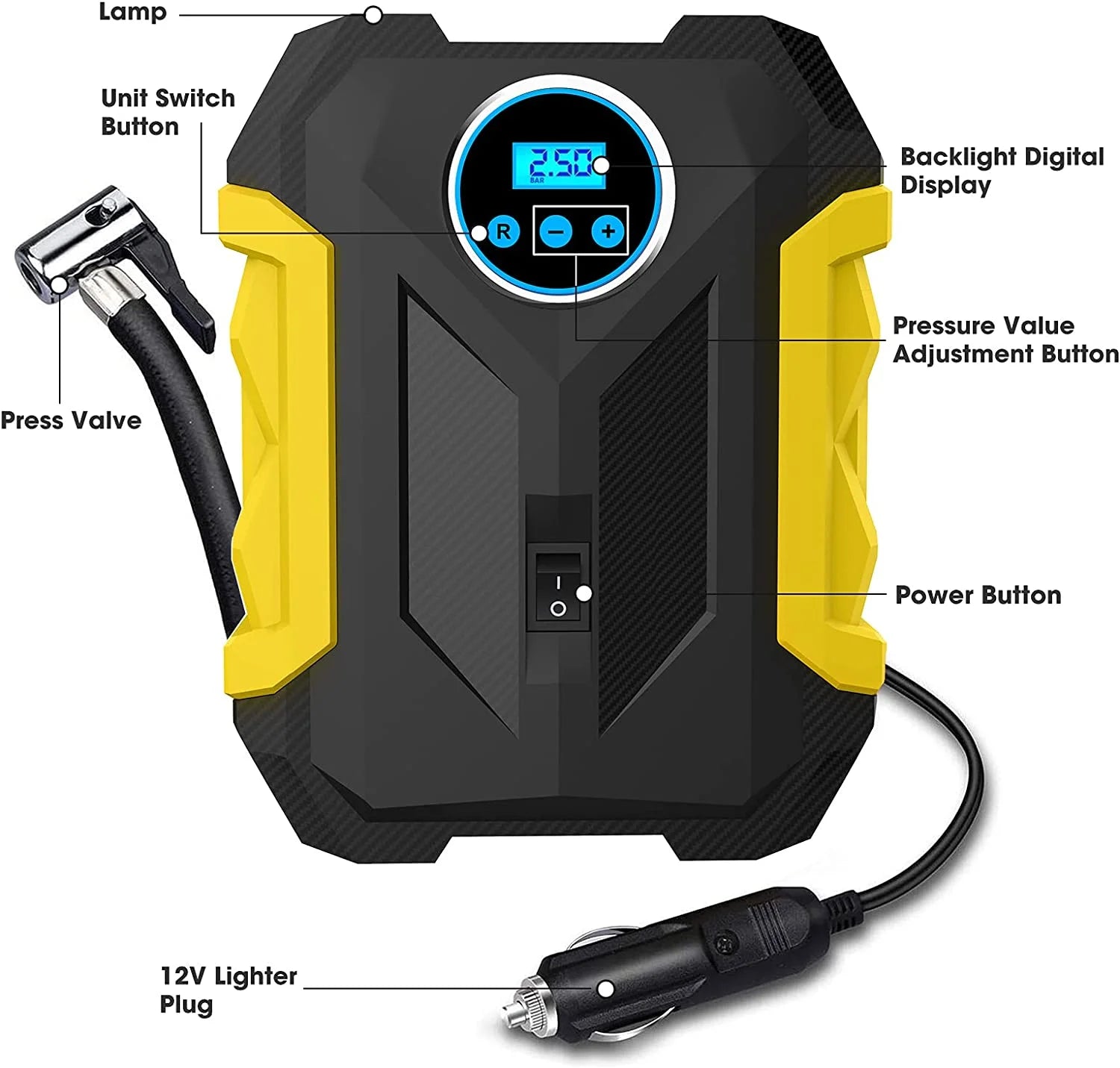 , Black/Yellow 12 V 150 PSI Portable Tire Inflator Air Compressor Pump