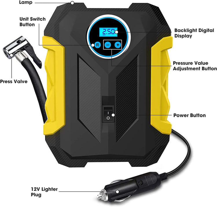 , Black/Yellow 12 V 150 PSI Portable Tire Inflator Air Compressor Pump