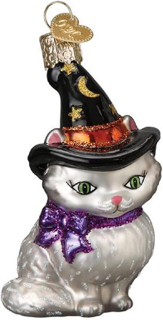 Witch Kitten Glass Blown Ornament for Christmas Tree, Handcrafted Holiday Decoration, Halloween Collection