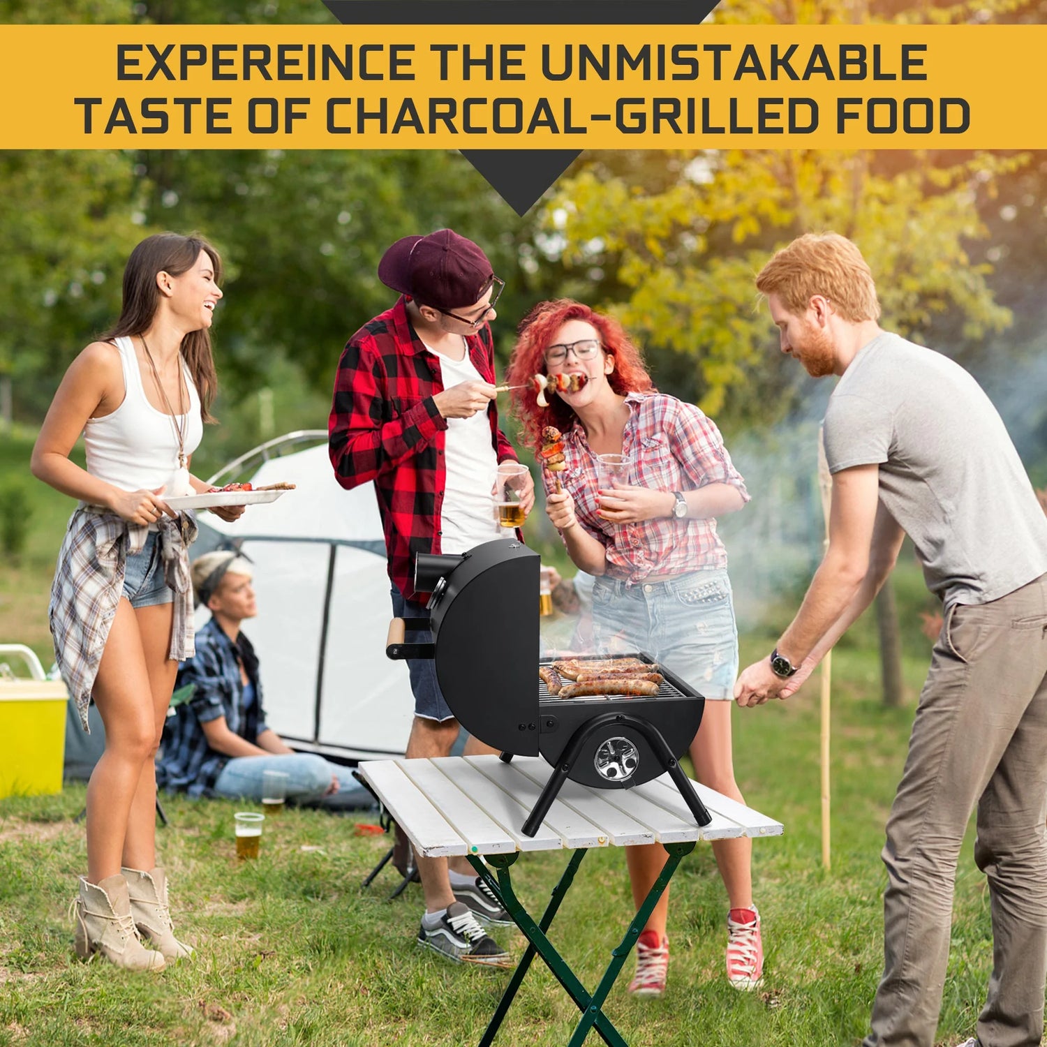 Portable Outdoor Tabletop Charcoal Grill with Accessories Tools, Multi-Functional Barbecue Smoker for Backyard Camping Picnics Beach, Compact & Heavy Duty