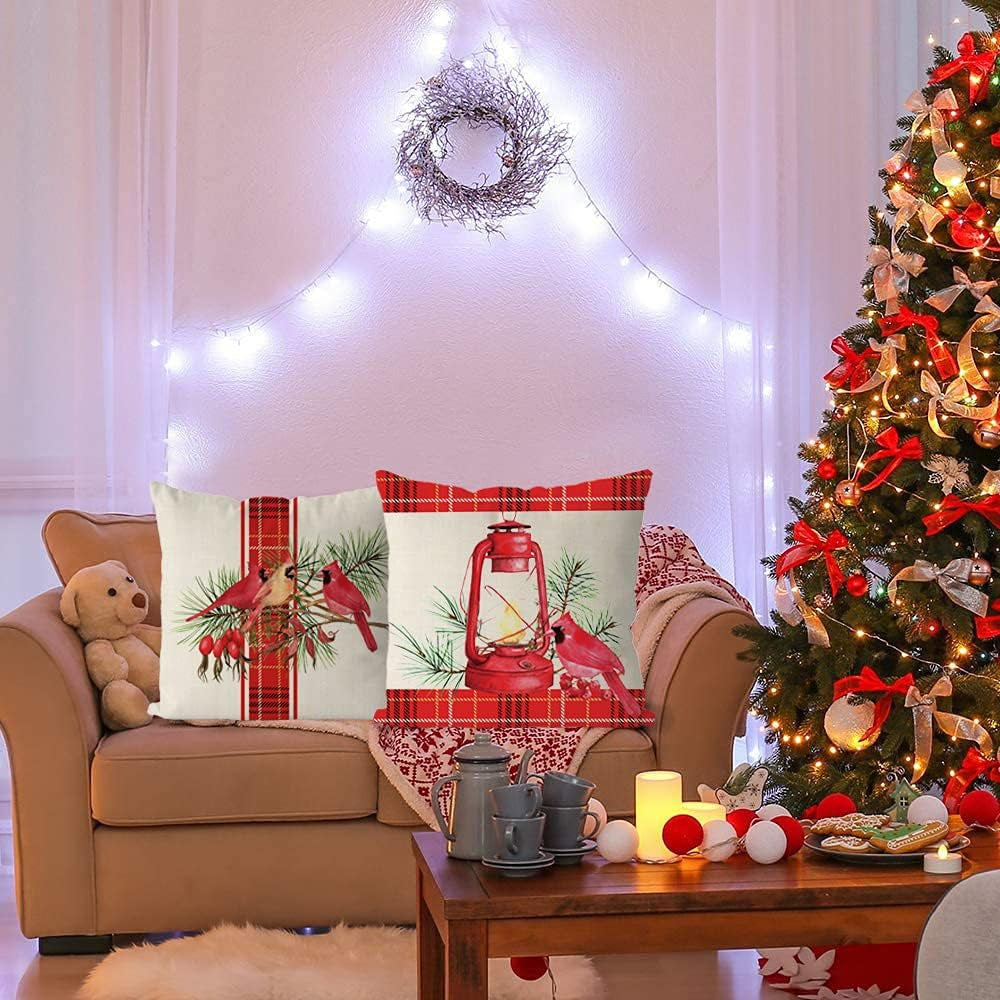 Christmas Pillow Covers Set of 4 Christmas Cardinal Red Buffalo Check Farmhouse Throw Pillowcase Party Decorations Winter Home Decor Case for Sofa Couch