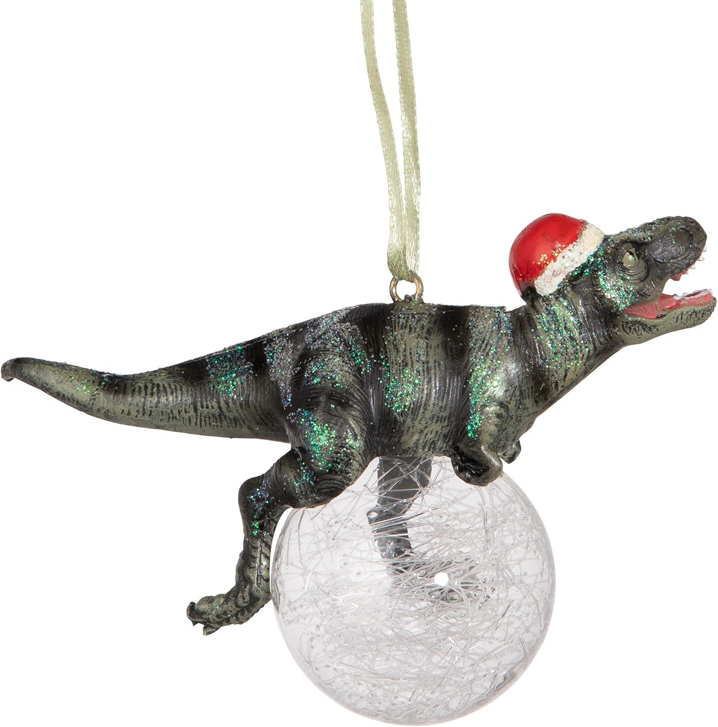 Blitzer the T Rex Dinosaur Christmas Tree Ornament, 5 Inch Long, Cast Stone Resin with Glass Ball, Green Glitter Finish