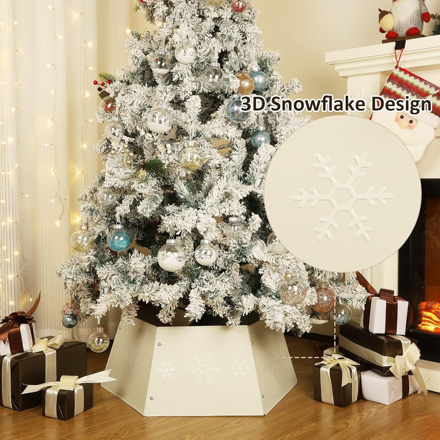 Metal Christmas Tree Ring, Christmas Tree Collar with Printed Snowflake, Willow Tree Skirt Base Stand for Christmas Tree Decorations (Cream White)