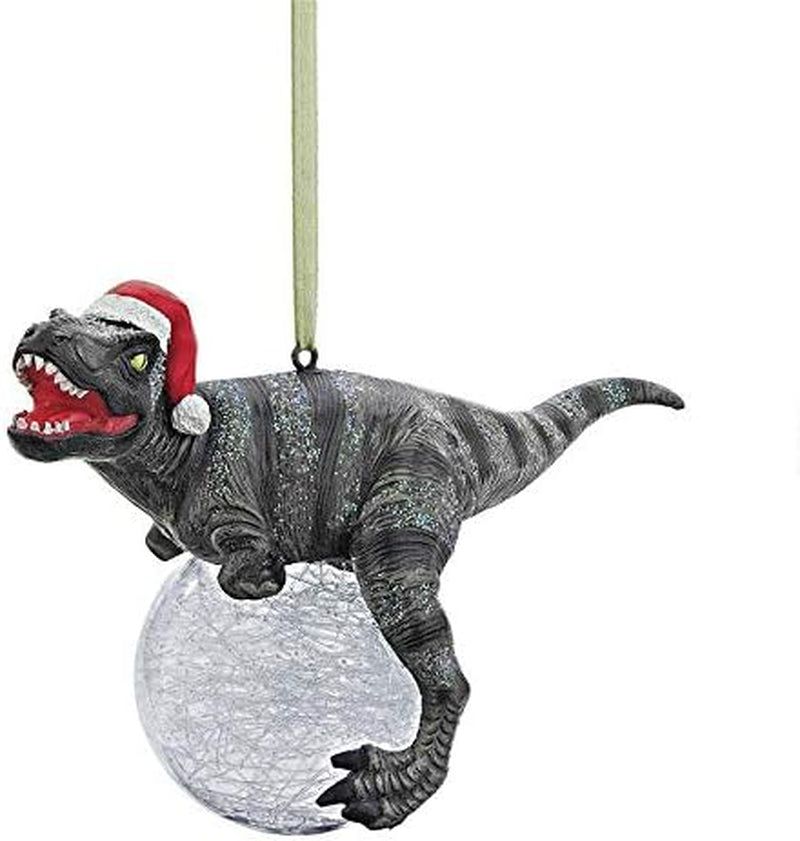 Blitzer the T Rex Dinosaur Christmas Tree Ornament, 5 Inch Long, Cast Stone Resin with Glass Ball, Green Glitter Finish