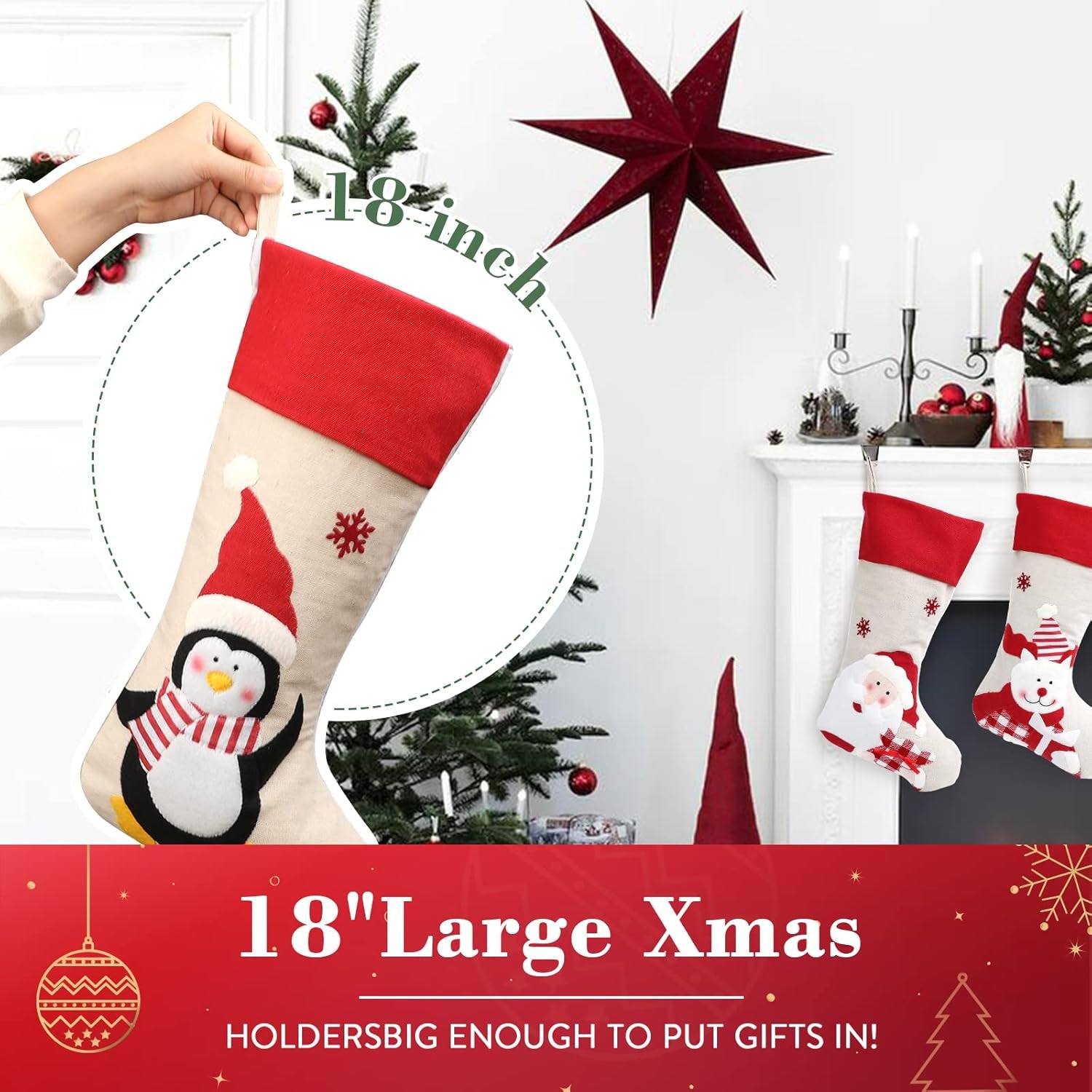 Christmas Stockings 4 Pack, 18'' Large Xmas Stockings for Christmas Decoration, Santa Snowman Ornaments, Rustic Classic DIY Craft Gifts Decor for Family Holiday Party Home Christmas Eve