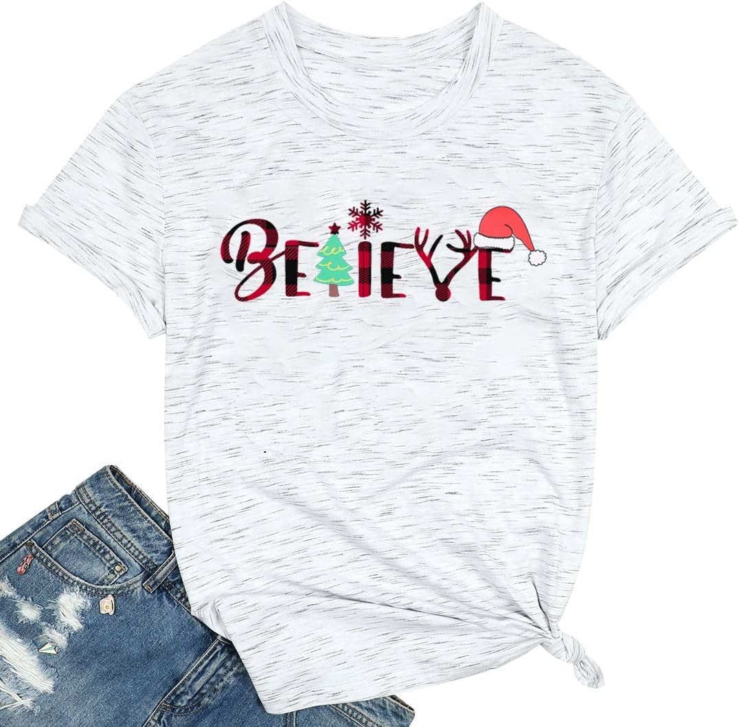 Christmas Believe Tree Shirt Cute Short Sleeve Christmas Graphic Tee Shirts Tops for Women Christmas Shirts White