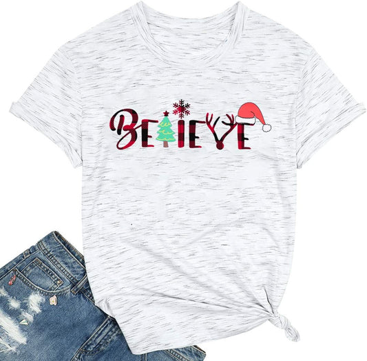 Christmas Believe Tree Shirt Cute Short Sleeve Christmas Graphic Tee Shirts Tops for Women Christmas Shirts White