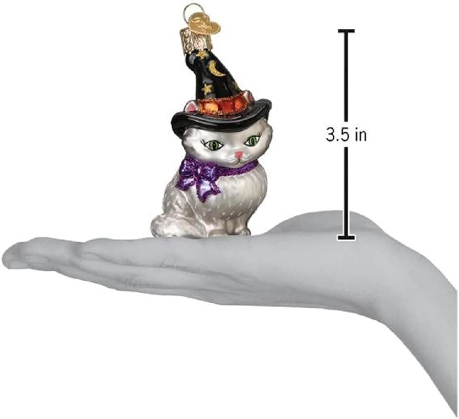 Witch Kitten Glass Blown Ornament for Christmas Tree, Handcrafted Holiday Decoration, Halloween Collection